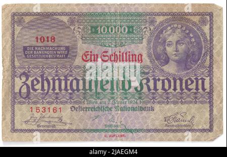 Banknote, 10.000 Kronen/1 Schilling. Rudolf Junk (1880-1943), Künstler, Austria National Bank, Mint Authority Stockfoto