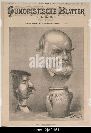 Von der Handelskammer. '. Alfred Senee tritt aus der Wahlurne der Handelskammer hervor, dazu Handelsminister Johann Freiherr von Chlumetzky (Titelblatt des Humoristen Lätter). Karl Klic (1841-1926), Karikaturist Stockfoto