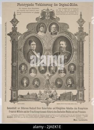 Gedenkblatt zur Silberhochzeit ihrer kaiserlichen und königlichen Hoheit des Kronprinzen Friedrich Wilhelm und der Gemahlin Kronprinzessin (...) '. Gedenkblatt zur Silberhochzeit des deutschen Kronprinzen Friedrich Wilhelm und Victoria von Sachsen-Coburg und Gotha; Porträts der kaiserlichen Familie, 1883. Unbekannt Stockfoto