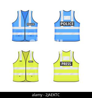 Reflektierende Warnweste mit Labes-Tag-Set im flachen Design mit Vektorgrafik. Gelb und blau fluoreszierende Sicherheits-Arbeitsjacke mit Reflecti Stock Vektor