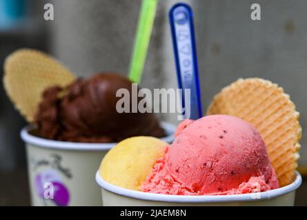 Berlin, Deutschland. 24.. Mai 2022. Eisbecher mit Schaufeln verschiedener Eisarten stehen auf einem Tisch in der Eiskultur-Eisdiele in Schöneweide. Eis und Sorbet gehören für viele Deutsche zum Sommer. Jedes Jahr werden neue Geschmacksrichtungen zum Trend erklärt. Viele bevorzugen jedoch die klassischen Aromen von Vanille, Schokolade und Erdbeere. (To dpa: „Sommertrends 22: Fischhüte in, Booties out?“) Quelle: Jens Kalaene/dpa/Alamy Live News Stockfoto