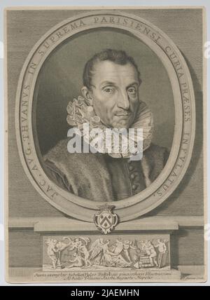 Jae. August Thuanus an der Spitze des Präsidenten von Paris. '. Jacques-Auguste de Thou (lat. Thuanus), Französcher Geechichtsschreiber und Staatsmann. Jacques Cheaqua (1688-1776), Kupferstecher Stockfoto