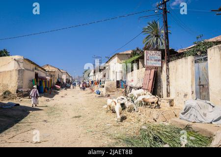 Lokale Eritreier gehen in der Nähe des Obst- und Gemüsemarks Keren Stockfoto