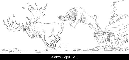 Säbelzahn greift den riesigen Hirsch megaloceros an. Zeichnung mit ausgestorbenen Tieren. Vorlage für das Ausmalen. Stockfoto