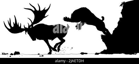 Säbelzahn greift den riesigen Hirsch megaloceros an. Zeichnung mit ausgestorbenen Tieren. Stockfoto