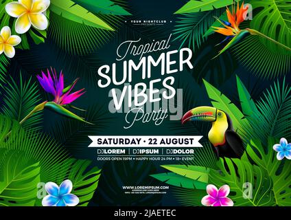 Summer Vibes Party Flyer Design mit Blume, tropischen Palmenblättern und Toucan Bird auf grünem Hintergrund. Vektor Sommer Beach-Fest Design-Vorlage Stock Vektor