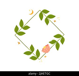 Handgezeichneter Vektor abstrakte grafische Illustration mit Clip Art Illustration von grünen Ornament Blätter Rahmen mit Blumen, Mond und Sterne in einfachen Stil Stock Vektor