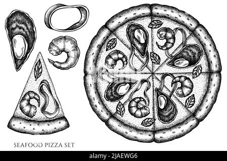 Pizza Vintage Vektor Illustrationen Kollektion. Pizza mit schwarzem und weißem Fisch und Meeresfrüchten. Stock Vektor