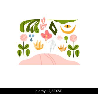 Handgezeichnete Vektor abstrakte Grafik Clip Art Illustrationen Sammlung Set von Komposition mit abstrakten boho Natur Formen von Blüten, Blättern und Stock Vektor