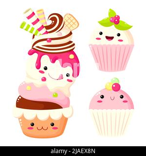 Set aus niedlichem Kuchen, Muffin, Cupcake. Sammlung von süßen Kawaii-Dessertfiguren mit lächelndem Gesicht und rosa Wangen für süßes Design. Vektorgrafiken Stock Vektor