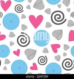 Nahtloses abstraktes geometrisches Muster mit Herzform, Kreisen und Spirale auf weißem Hintergrund. Stock Vektor
