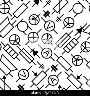 Funkkomponente. Funkelektronik. Symbolische Bezeichnung. Isoliert auf weißem Hintergrund. Widerstand, Transistor, Diode und Kondensator. Nahtloses Pat Stock Vektor