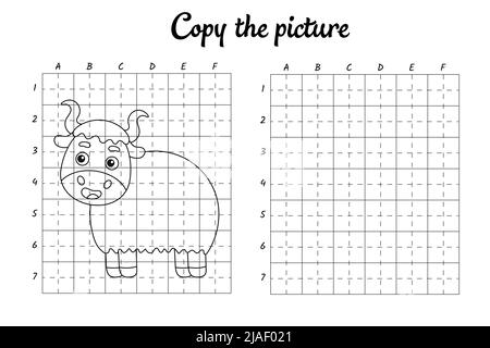 Kopieren Sie das Bild. Zeichnen durch Raster. Malbuch-Seiten für Kinder. Handschrift üben, Zeichnen Fähigkeiten Training. Bildung Entwicklung druckbarer Arbeitsblätter. Stock Vektor