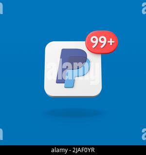 PayPal-Logo mit 99-Benachrichtigung auf blauem Hintergrund Stockfoto