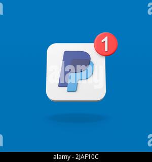 PayPal-Logo mit 1-Benachrichtigung auf blauem Hintergrund Stockfoto