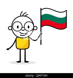 Mann hält Flagge von Bulgarien isoliert auf weißem Hintergrund. Hand gezeichnete Doodle Linie Kunst Mann. Konzept des Landes. Vektorgrafik Stock Vektor