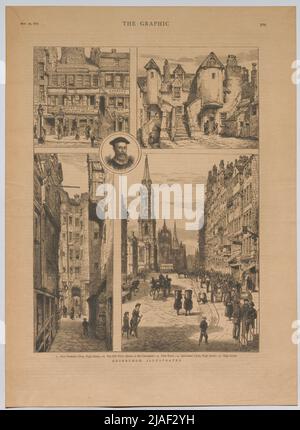 Edinburgh Illustrated; 1. Allan Ramsay's Shop, High Street. - 2. Das alte Weiße Pferd, im Cannongate. - 3. John Knox. - 4. Befürworter Schließen (...) '. Szenen aus Edinburgh; Porträt von John Knox, schottischer Reformator (aus 'The Graphic'). Unbekannt Stockfoto