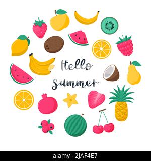 Kreisförmige Komposition mit hellen tropischen Sommerfrüchten und Beeren. Erdbeere, Orange, Wassermelone, Granatapfel, Kiwi. Vektorgrafiken in einem Stock Vektor