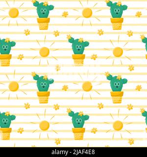 Nahtloses Muster mit einem niedlichen blühenden Kaktus, einem Charakter mit Brille, Sonne und Blumen. Sommer-Vektorgrafiken im flachen Cartoon-Stil auf einem Stock Vektor