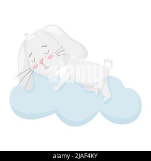 Niedliches lächelndes Kaninchen, das auf einer Wolke schläft. Kinderdesign. Poster „Good Night“. Entzückendes Tier, Charakter in Pastellfarben. Für Karten, Kleidung, T-Shirt prin Stock Vektor