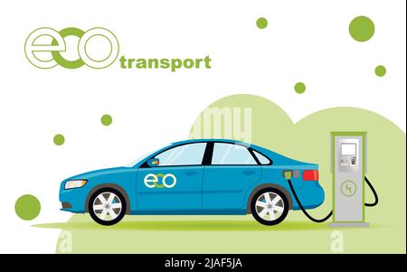 Umweltfreundliches Fahrzeugkonzept. Aufladen eines Autos an einer elektrischen Ladestation. Flache Vektorgrafik. Stock Vektor