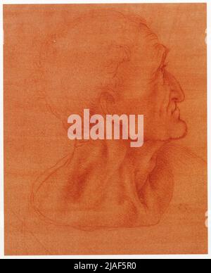 LEONARDO DA VINCI. STUDIEREN SIE FÜR DAS LETZTE ABENDESSEN. JUDAS. 1495. ROTE KREIDE AUF RÖTLICH VORBEREITETEM PAPIER. 180 MM X 150 MM Stockfoto