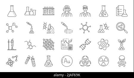 Chemie-Doodle-Illustration mit Symbolen - Kolben, Laborröhrchen, Wissenschaftler, Pipette, Petrischale, Becher, Experiment, Bildung, Biotechnologie. Dünn Stock Vektor