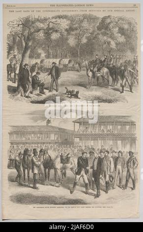 Die letzten Tage der konföderierten Regierung. Herr Jefferson Davis unterzeichnet Regierungsakte (...). (...) Davis verabschiedet sich von seiner Eskorte (...) '. Die letzten Tage der konföderierten Regierung; Jefferson Davis unterschreibt die „Regierungsakte“; Jefferson Davis sagt Auf Wiedersehen zu seinen Begleitpersonen zwei Tage vor seiner Gefangennahme (aus den „The Illustrated London News“). Unbekannt Stockfoto