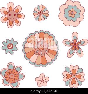 Retro 70s 60s Groovy Hippie Flowers Floral Daisy Happy Smile Gesicht Vektor Illustration Set isoliert auf weiß. Boho Summer Retro Colors Flora Druckkollektion für T-Shirt oder Modestoff. Stock Vektor