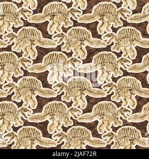 Braun handgezeichnete Spinosaurus fossile Knochen Dinosaurier nahtloses Muster. Geschlechtsspezifische neutrale jurassische Silhouette für die Babykrippe. Home Dekor für Museum Stockfoto