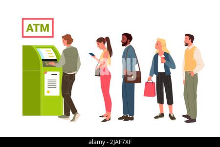 Menschen stehen in der Schlange am geldautomaten Stock Vektor