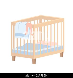 Holzkrippe für Baby, niedliches Bett für gesunden Schlaf des Neugeborenen in der Nacht, Möbel Stock Vektor