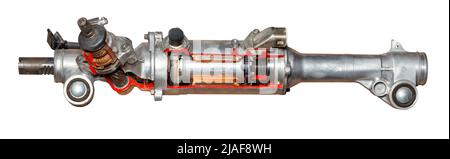 Die elektrische Servolenkung eines Autos mit einem Teil des Übertragungsmechanismus der Schneckengruppe. Automobilteile. Isoliert auf weißem Hintergrund. Stockfoto