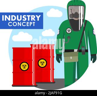 Detaillierte Darstellung von Fässern mit chemischen, radioaktiven, toxischen, gefährlichen Substanzen und Arbeiter im Schutzanzug im flachen Stil. Vektorgrafik Stock Vektor