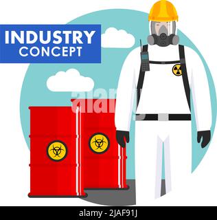 Detaillierte Darstellung von Fässern mit chemischen, radioaktiven, toxischen, gefährlichen Substanzen und Arbeiter im Schutzanzug im flachen Stil. Vektorgrafik Stock Vektor