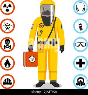 Mann in gelbem Schutzanzug in flachem Stil. Gefährlicher Beruf. Vektorsymbole für Arbeitssicherheit und Gesundheitsschutz. Satz von verschiedenen Zeichen der chemischen, ra Stock Vektor