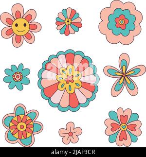 Retro 70s 60s Groovy Hippie Flowers Floral Daisy Happy Smile Gesicht Vektor Illustration Set isoliert auf weiß. Boho Summer Retro Colors Flora Druckkollektion für T-Shirt oder Modestoff. Stock Vektor
