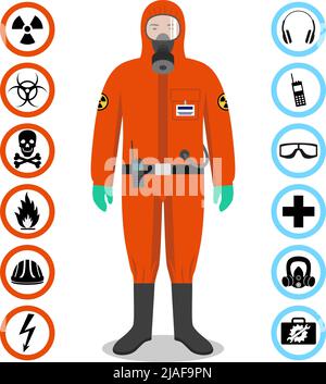 Mann in orangefarbenem Schutzanzug im flachen Stil. Gefährlicher Beruf. Vektorsymbole für Arbeitssicherheit und Gesundheitsschutz. Satz von verschiedenen Zeichen der chemischen, ra Stock Vektor