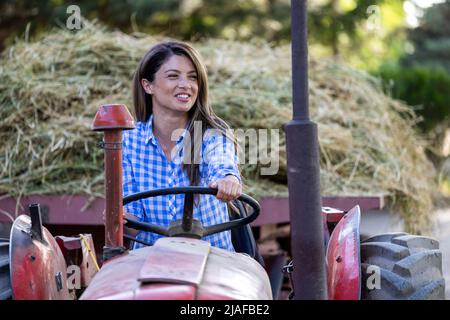 Hübsche junge lächelnde Frau Landwirt fahren Traktor mit Anhänger voller Heu auf Bauernhof Frau Tierärztin vor Ferkeln im Stall Stockfoto