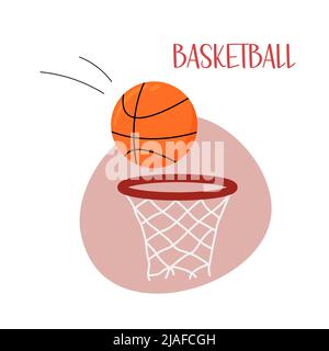 Basketballspiel. Sportkorb und orangefarbener Ball isoliert. Vektor flache Darstellung von Basketball-Ausrüstung Elemente auf weißem Hintergrund. Stock Vektor