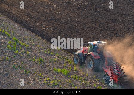 Traktor bei Feldarbeit im Frühjahr, 04/18/2022, Luftaufnahme, Deutschland, Schleswig-Holstein Stockfoto