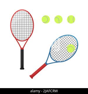 Tennisschläger und Kugeln isoliert. Tennisausrüstung auf weißem Hintergrund. Vector Set von Sportelementen. Flache Abbildung. Stock Vektor