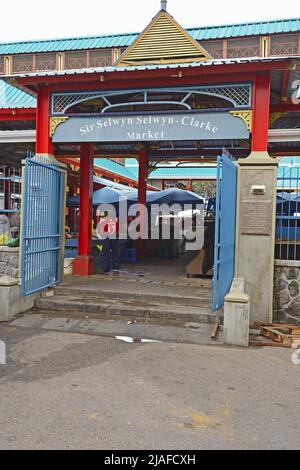 Eintritt zum Sir Selwyn Selwyn-Clarke Market in Victoria, Seychellen, Mahe Stockfoto