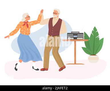Glückliches altes Paar tanzt flache Vektor-Illustration Stock Vektor