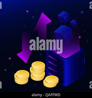 Isometrische Blockchain-Illustration. Münzen, Würfel, Grafiken auf dem Verlaufshintergrund. Vektorgrafik Stock Vektor