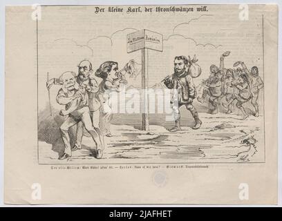 Kleiner Karl, der Thronschwanz will. '.' Prinz Karl von Hohenzollern-Sigmaringen (später Karl I. von Rumänien) auf dem Weg zur Mutter; Wilhelm I. von Preußen droht mit einem Schlag, daneben Otto von Bismarck 'das Floh' ). Unbekannt Stockfoto