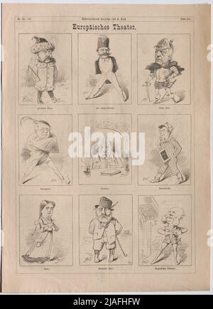 Europäisches Theater“. Europäische Staatsmänner (und eine Frau) in verschiedenen Rollen Themen; und ein ZAR Alexander II., Otto von Bismarck, Kaiser Wilhelm I. usw. (aus „humorvollen Blättern“). Karl Klic (1841-1926), Karikaturist, Carl Angerer (1838-1916), Realisation Stockfoto