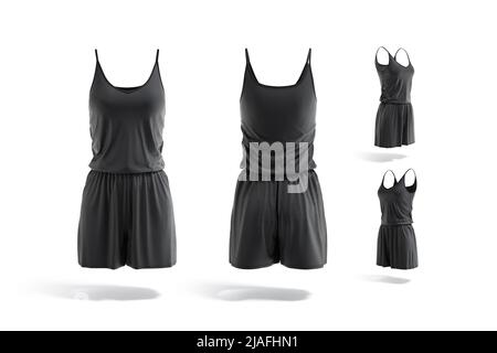 Blank schwarze Frauen romper Mock up, verschiedene Ansichten Stockfoto