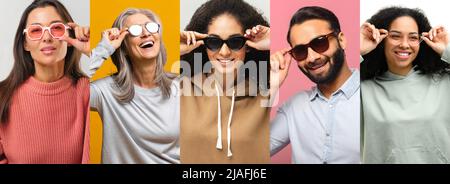 Reihencollage mit Fotos mit verschiedenen Menschen, die verschiedene Sonnenbrillen tragen, stilvolle Accessoires oder einen optischen Shop werben. Menschen mit Sonnenbrillen genießen sonniges Wetter Stockfoto