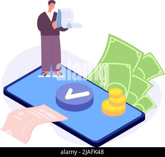 Buchhaltung oder Zahlungen. Mobile Pay-Service, Online-Banking. Mann Zählen, Quittung und Bargeld. Vector isometrisches Smartphone Steuerfinanzierung Konzept Stock Vektor